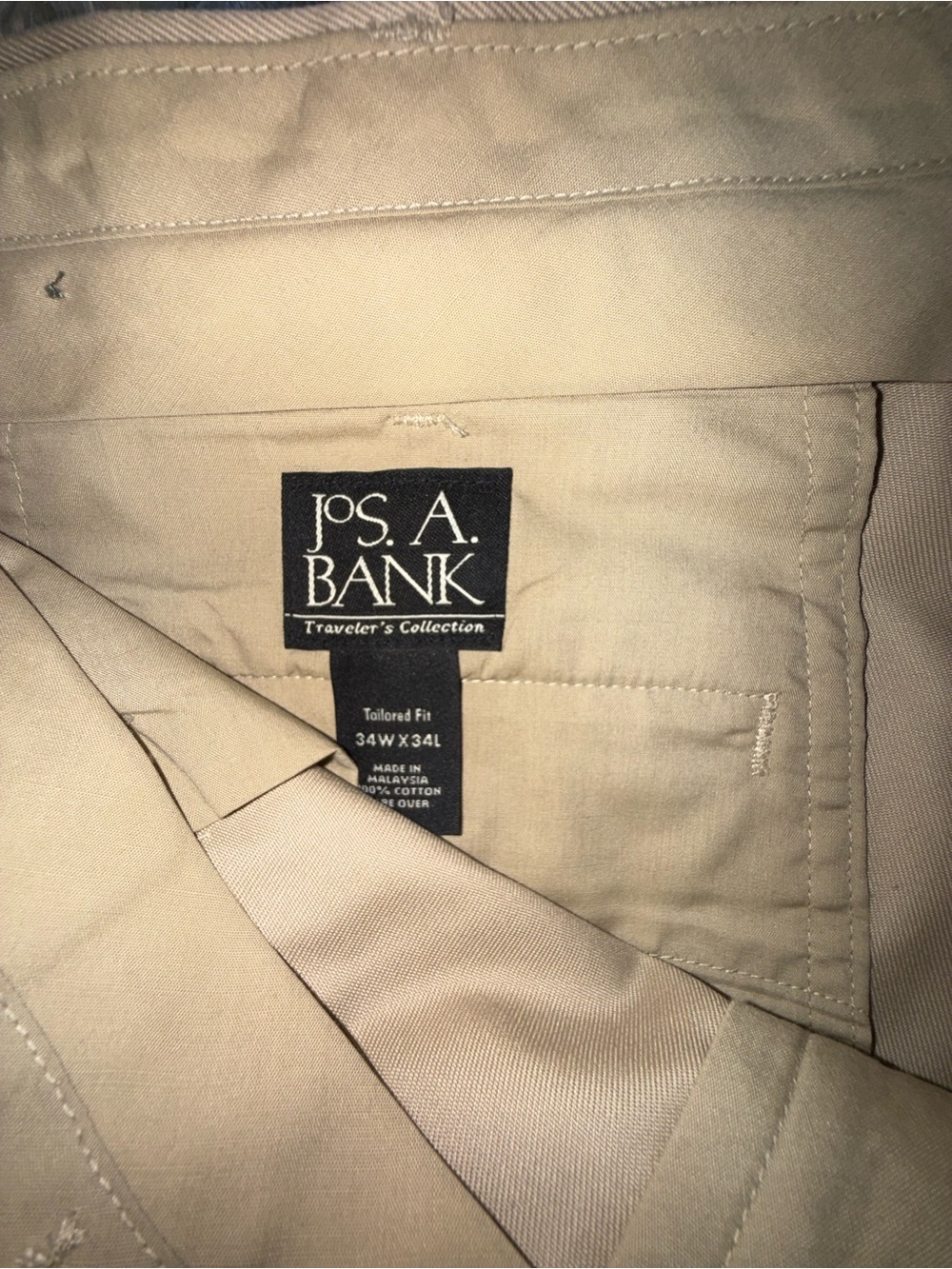 Jos A Bank Men’s 34x34 Khaki Pants Traveler’s Collection Tailored Fit Cotton